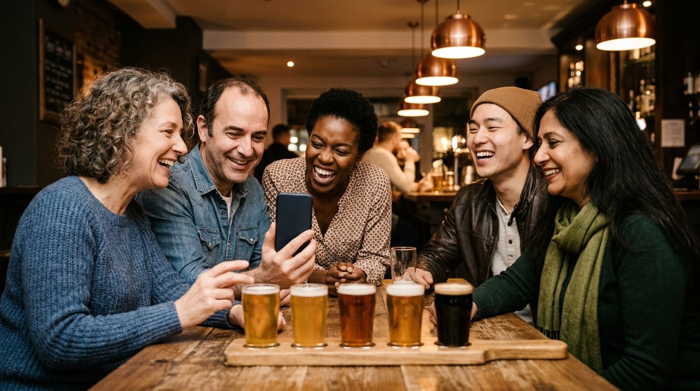Friends laughing together around a table of tasting glasses